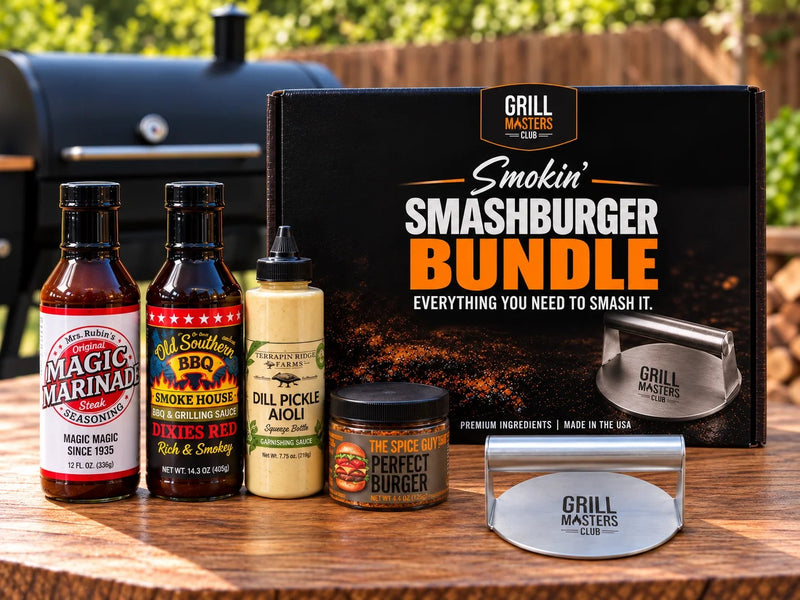 Smokin Smashburger Bundle with sauces, seasoning and GMC smash press on an outdoor table