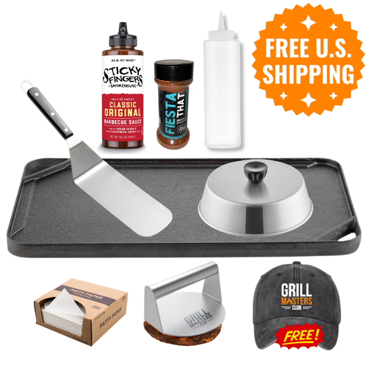 "Fiddle With The Griddle" Bundle: Cast Iron Griddle Kit with Smash Press, Spatula & Melting Dome + FREE Hat