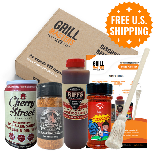 Pulled Perfection BBQ Box contents: sauces, rubs, mop brush and recipe booklet