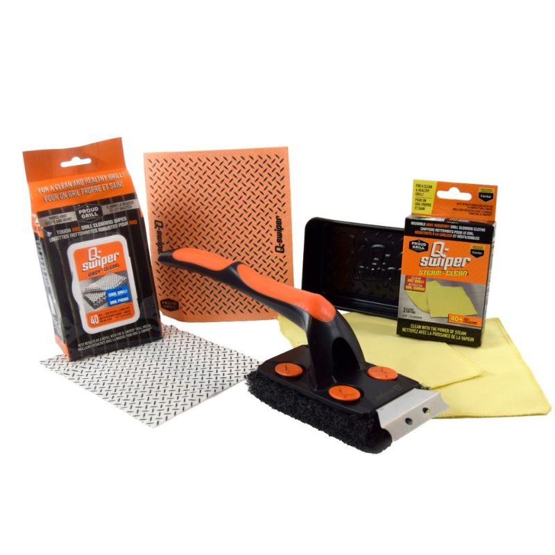 Q-Swiper XL Complete Grill Cleaner Kit by Proud Grill - Brush, Reusable Cloths, Grill Wipes & Tray