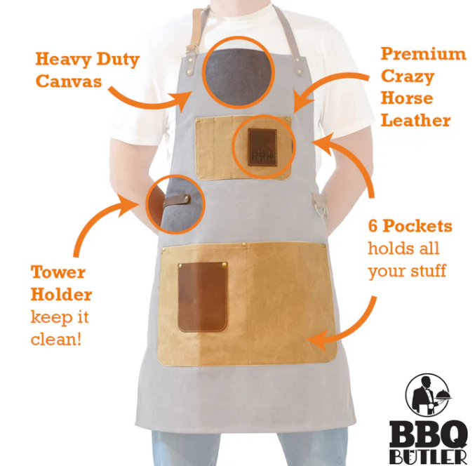 Premium Grey Canvas & Leather BBQ Apron by The BBQ Butler