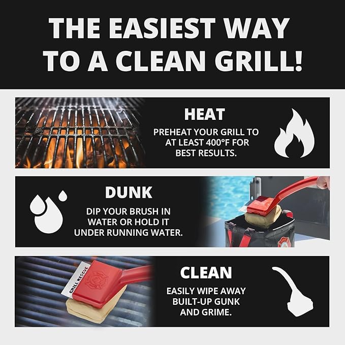 infographic: 3-step Grill Rescue process – preheat, soak, wipe – with visual icons