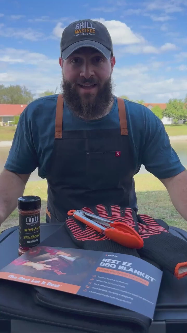 Smoker Essentials Bundle: Drip EZ Prep Tub + Resting Blanket + Grilling Gloves + Tongs + Free Rub