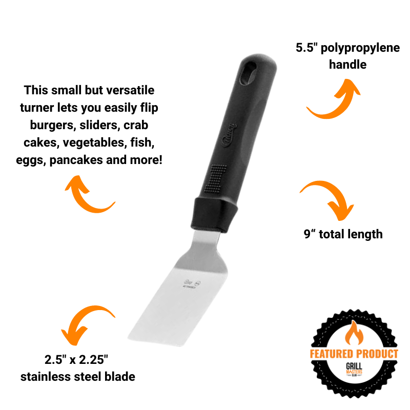 Infographic describing 9 inch stainless steel mini grill spatula