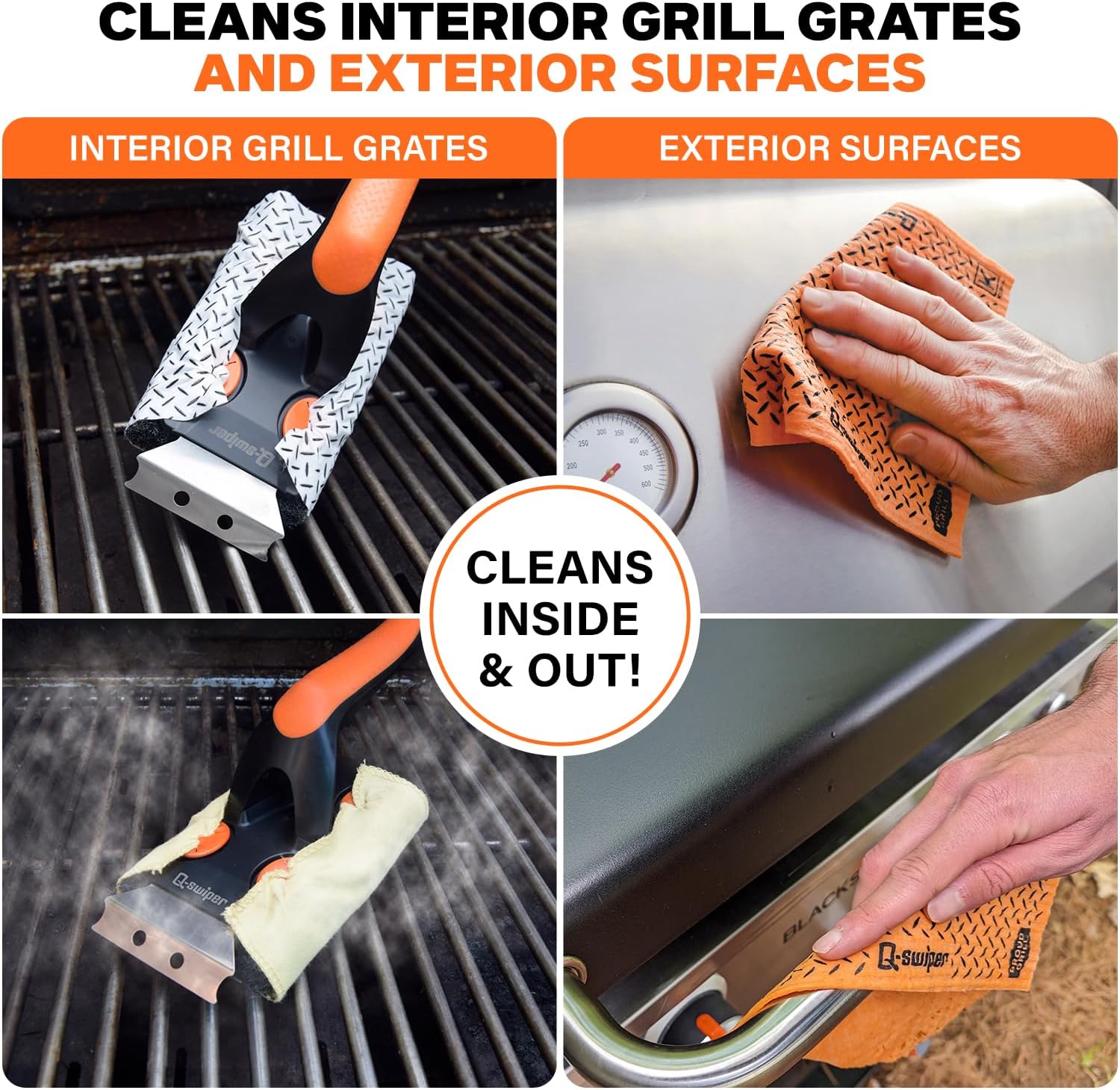 Q-Swiper XL Complete Grill Cleaner Kit by Proud Grill - Brush, Reusable Cloths, Grill Wipes & Tray