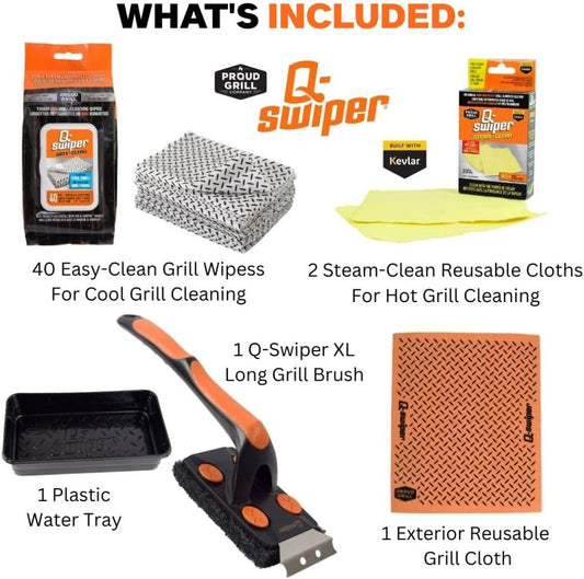 Q-Swiper XL Complete Grill Cleaner Kit by Proud Grill - Brush, Reusable Cloths, Grill Wipes & Tray
